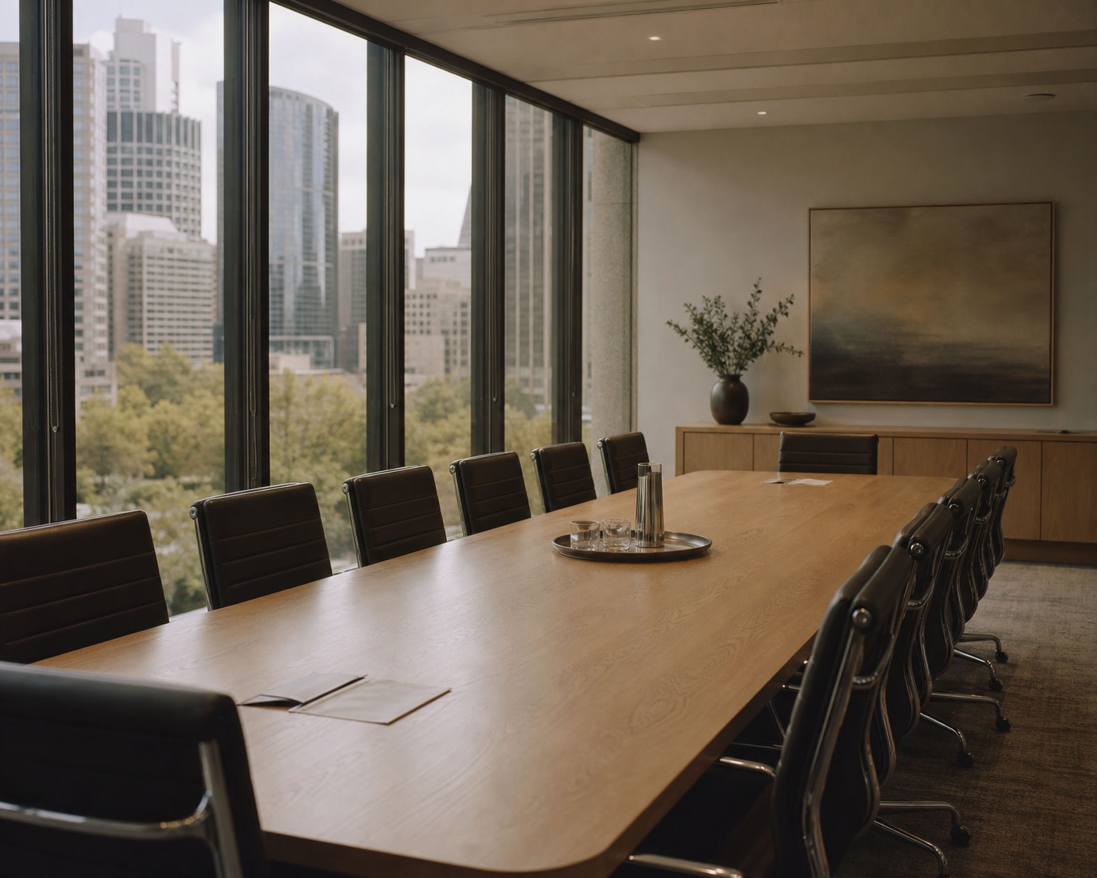 An executive boardroom overlooking the city